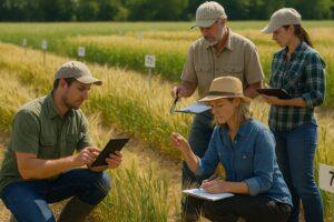 Scientists and farmers selecting hulless barley in a field using modern tools, showcasing today’s advances in barley domestication and sustainable crop improvement.