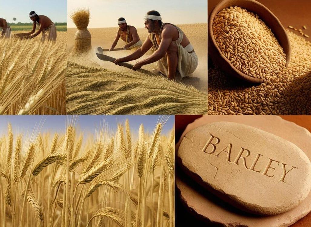 Barley farming – Traditional barley cultivation and processing, featuring golden barley fields, ancient harvesting techniques, grain grinding,