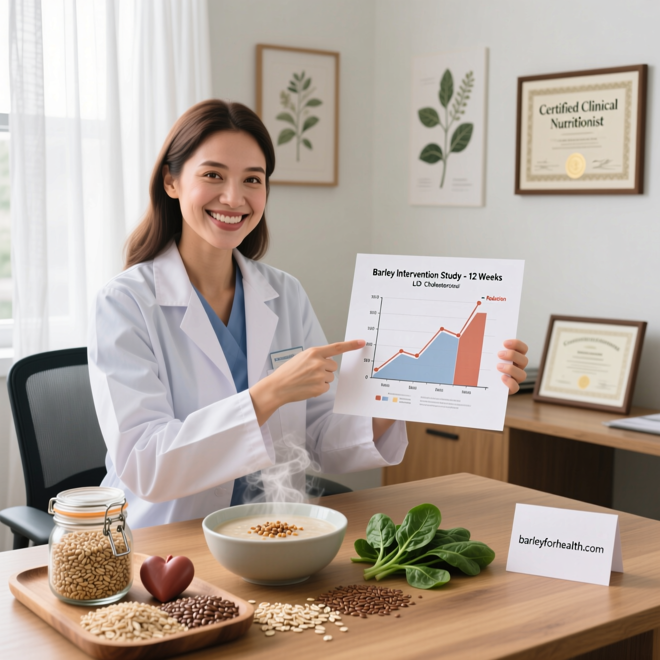 Clinical nutritionist presenting a barley intervention study chart showing LDL cholesterol reduction, with barley-based foods on the table and barleyforhealth.com visible.