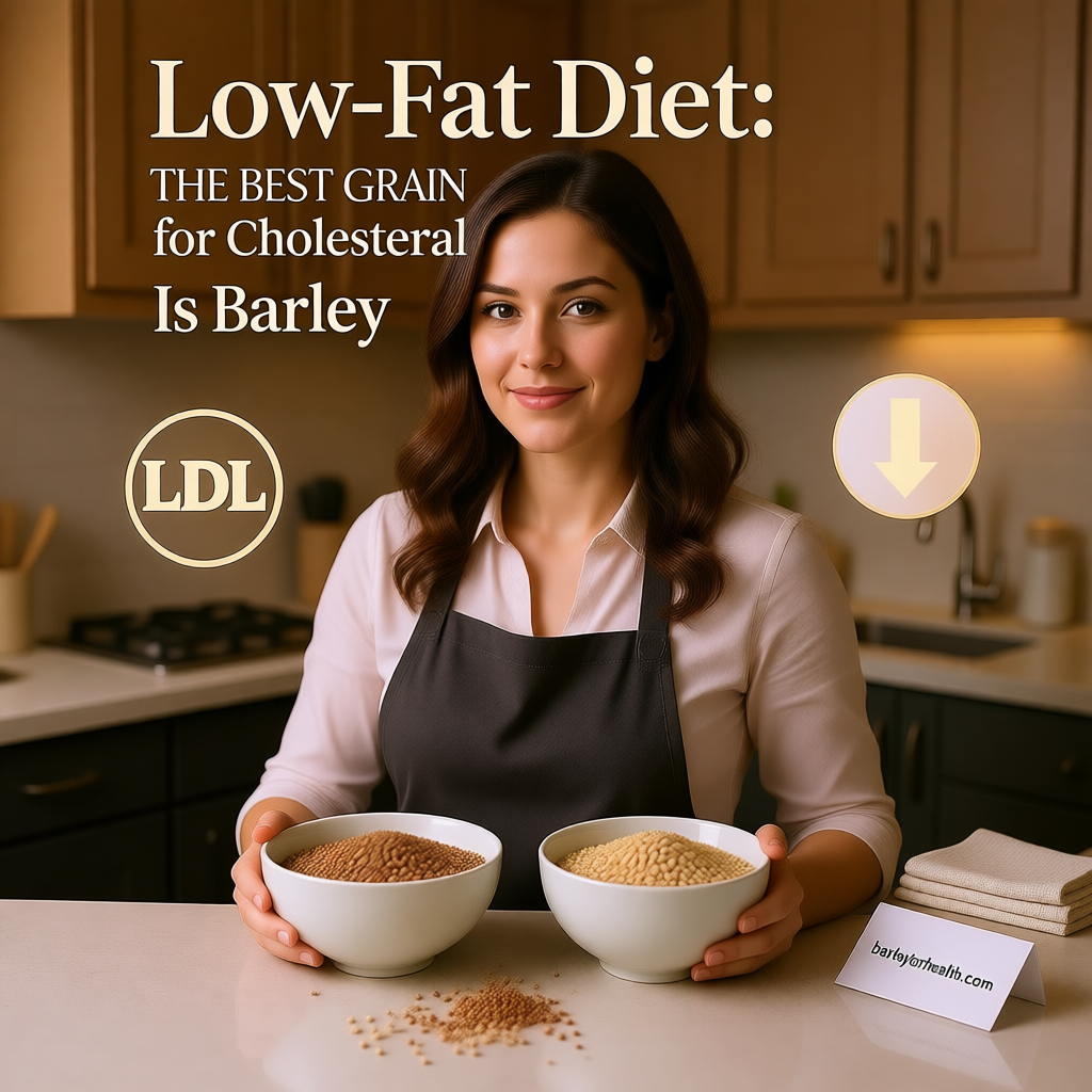 Woman holding bowls of barley in a kitchen, illustrating how barley is the best grain for a low fat diet and helps reduce LDL cholesterol.
