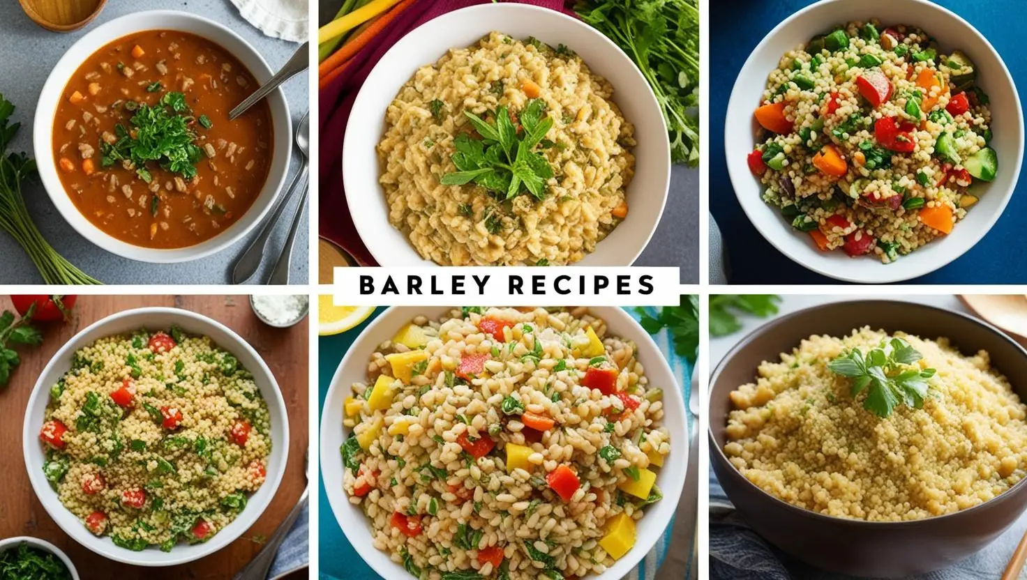 A vibrant collage of six barley-based dishes, including soups, salads, and risottos, showcasing healthy and colorful barley recipes.
