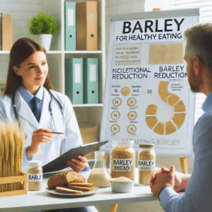Nutritionist explaining the barley nutrition of barley to a patient, with charts and barley-based foods on the table.