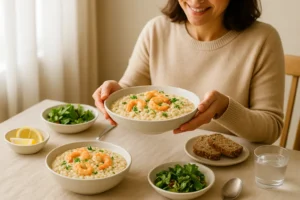 A smiling woman serves a bowl of creamy barley porridge with shrimp, garnished with fresh herbs and paired with simple sides in a warm, inviting kitchen.
