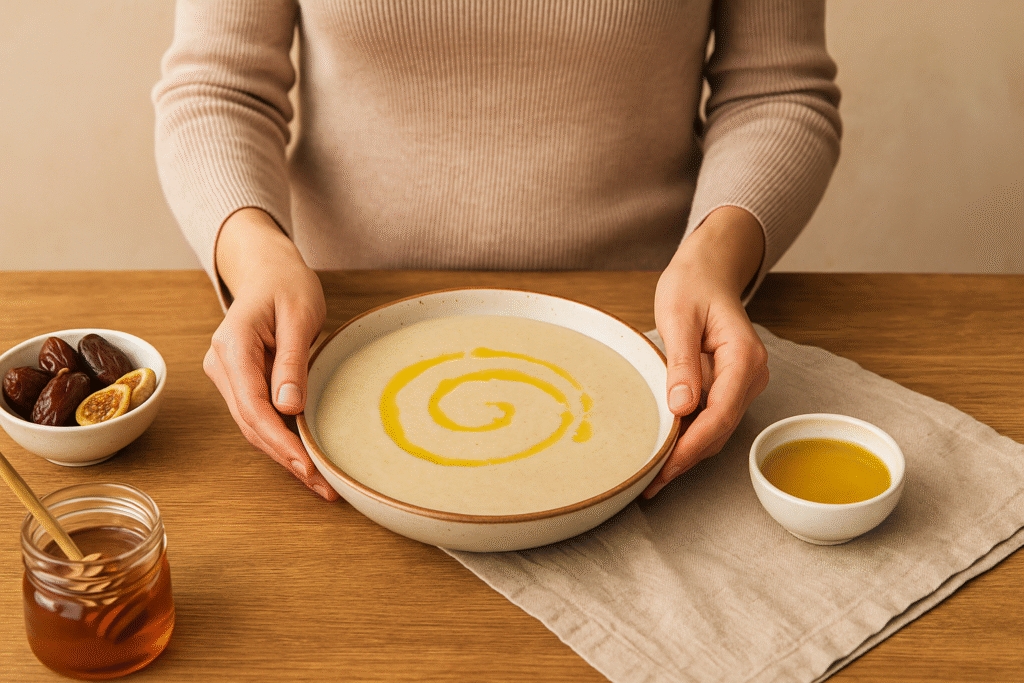 A woman serving a traditional talbina recipe, garnished with olive oil in a spiral pattern, surrounded by honey, figs, and dates on a wooden table.