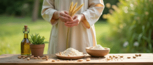 Barley staple food – A woman in a natural linen dress gently holding a barley ear outdoors, in front of a wooden table with barley grains, flour, olive oil, and herbs. A serene image promoting natural nutrition and wellness through barley