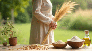A woman in a natural linen dress gently holding a barley ear outdoors, in front of a wooden table with barley grains, flour, olive oil, and herbs. A serene image promoting natural nutrition and wellness through barley: barley health