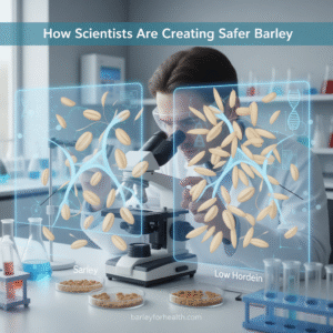 Scientist examining barley grains with digital overlays comparing regular barley to low-hordein varieties, illustrating research behind the question “Is barley gluten free?” and how safer barley is being developed.