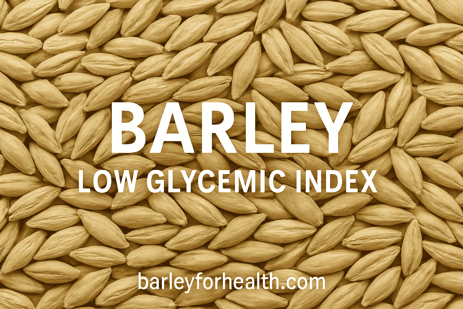 Close-up of whole barley grains with the text “Barley – Low Glycemic Index – barleyforhealth.com,” highlighting barley health as an ideal grain for a diabetic-friendly diet.