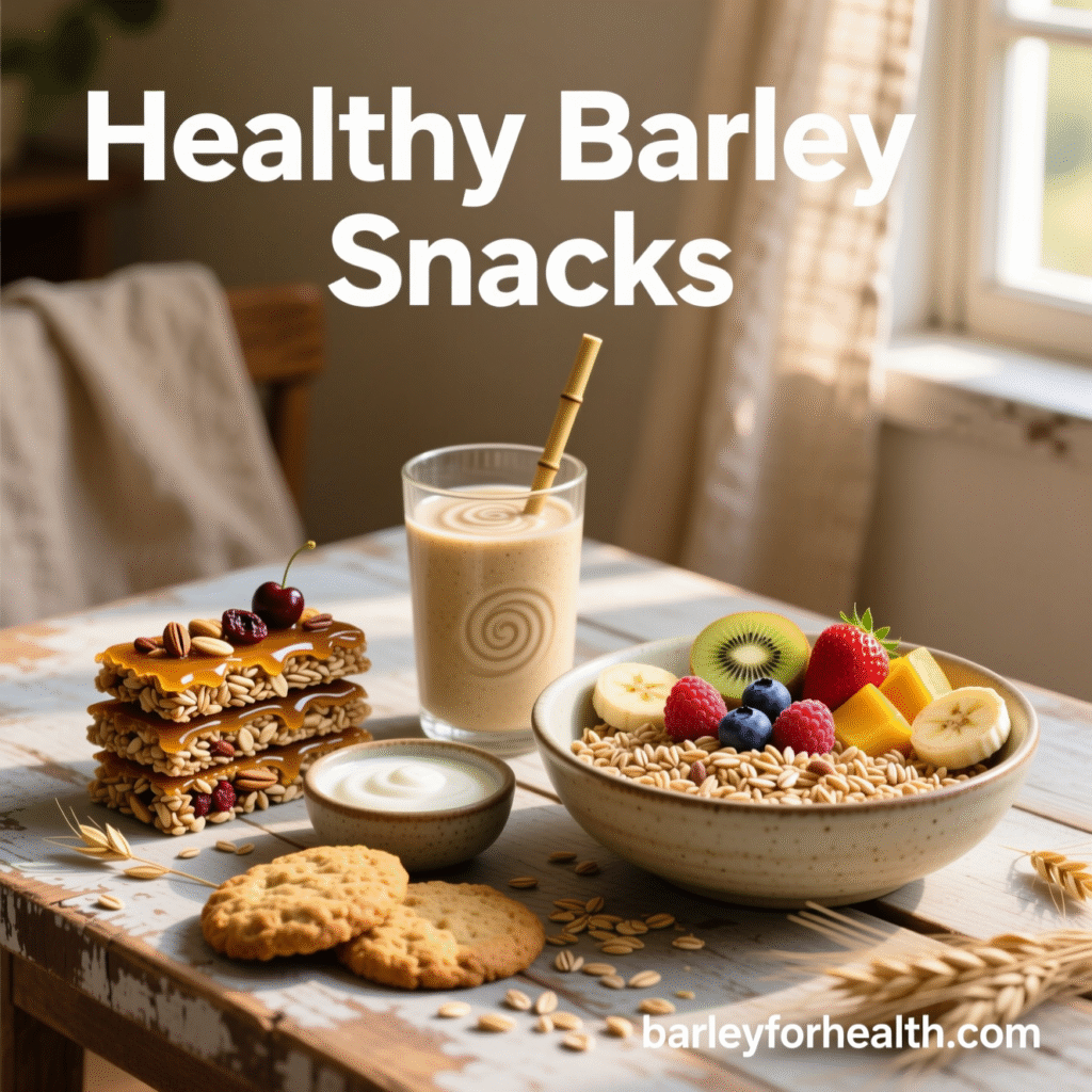A bright food photograph showing a variety of healthy barley snacks including biscuits, energy bars, a creamy barley smoothie, and a bowl of barley cereal with fresh fruits. Text on image reads “Healthy Barley Snack” with barleyforhealth.com at the bottom.
