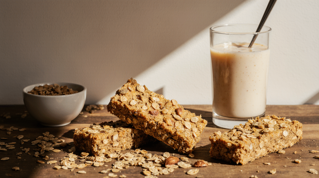A bright food photograph showing healthy barley snack made from whole barley grains, oats, and nuts, placed on a rustic wooden table beside a glass of milk and a bowl of cereal.