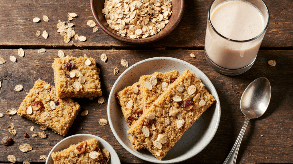 A delicious barley snack with golden biscuits and cereal bars made from oats and barley, displayed on a rustic wooden table with a bowl of grains and a glass of milk, symbolizing nutrition and balance.