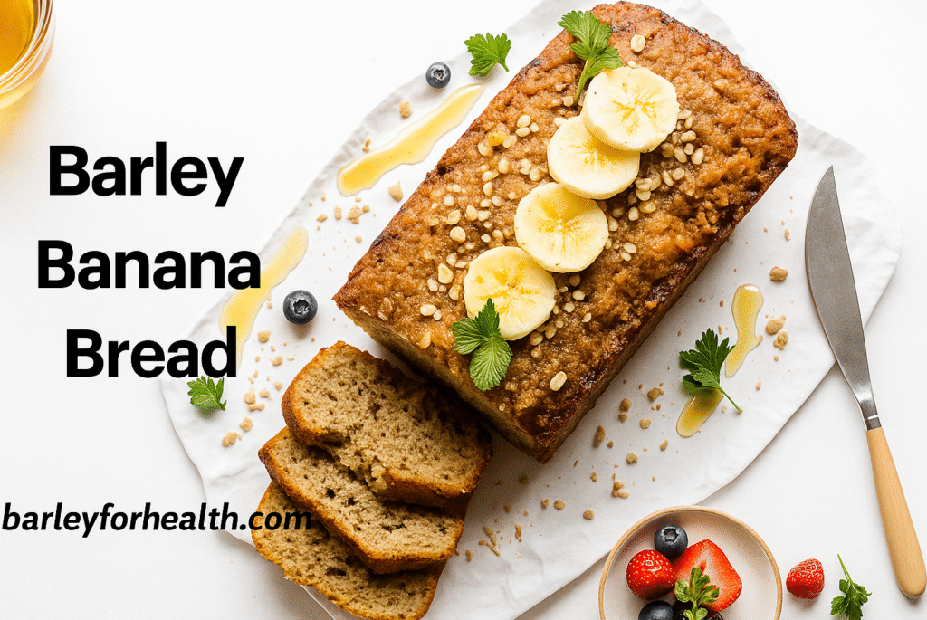 A freshly baked healthy banana bread with barley loaf topped with banana slices, oats, and honey, surrounded by yogurt, berries, and a knife on a bright kitchen table with the text Barley Banana Bread and barleyforhealth.com.