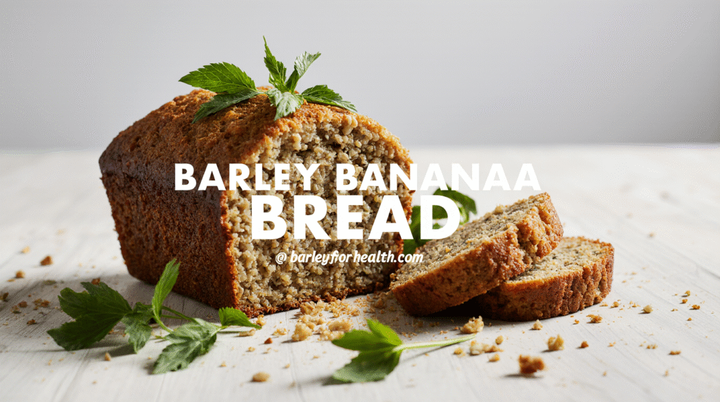 baked healthy banana bread loaf with a moist, golden texture, sliced and topped with mint leaves on a wooden surface.