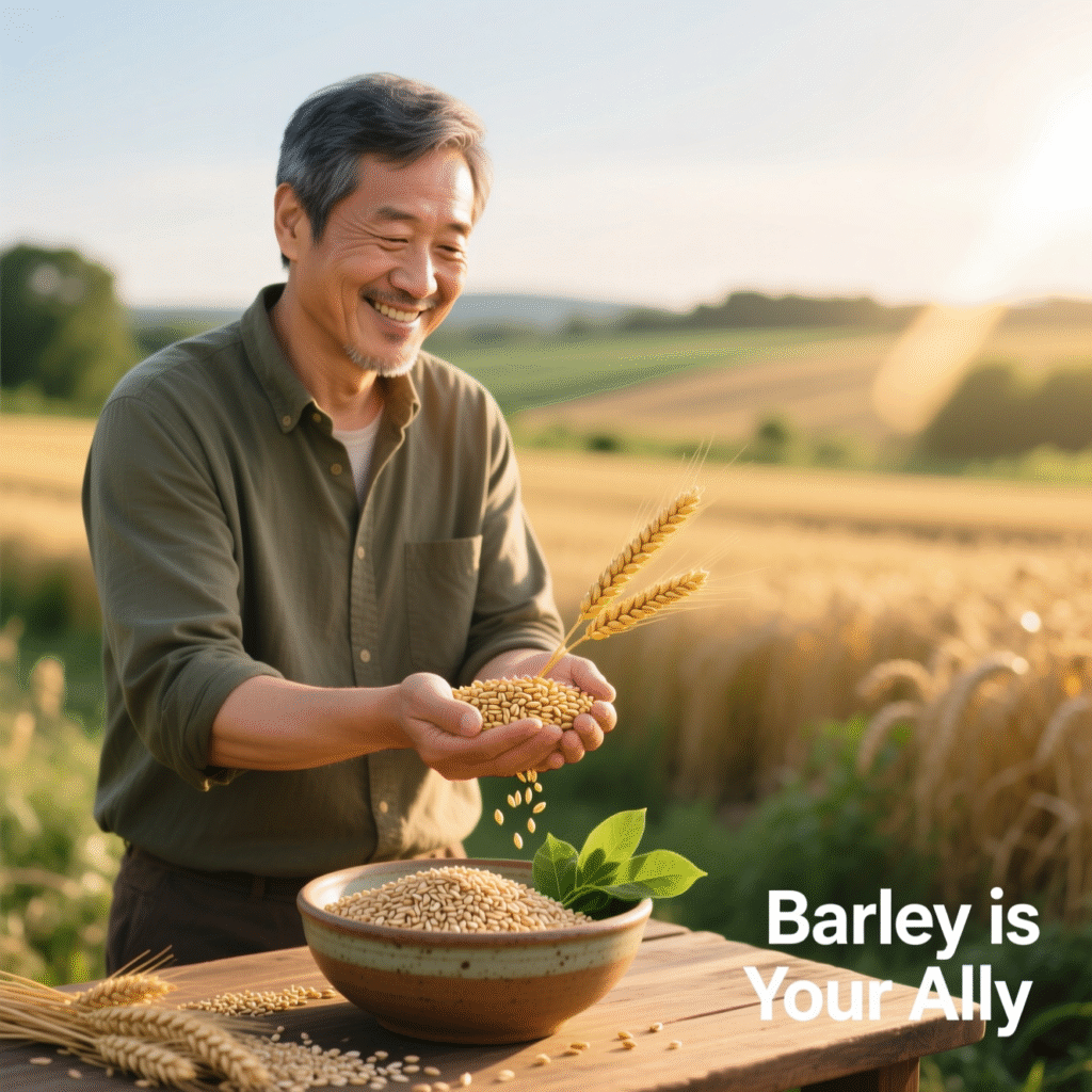 A smiling person holding golden barley grains in a sunny field, symbolizing health, balance, and well-being — illustrating the best cereal for weight loss.
