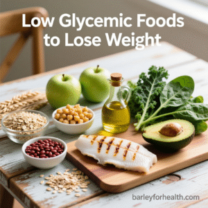 Bright flat lay of low glycemic foods to lose weight including barley, chickpeas, red beans, apples, olive oil, grilled fish, avocado, and leafy greens on a rustic wooden table, with text overlay “Low Glycemic Foods to Lose Weight” and URL barleyforhealth.com.