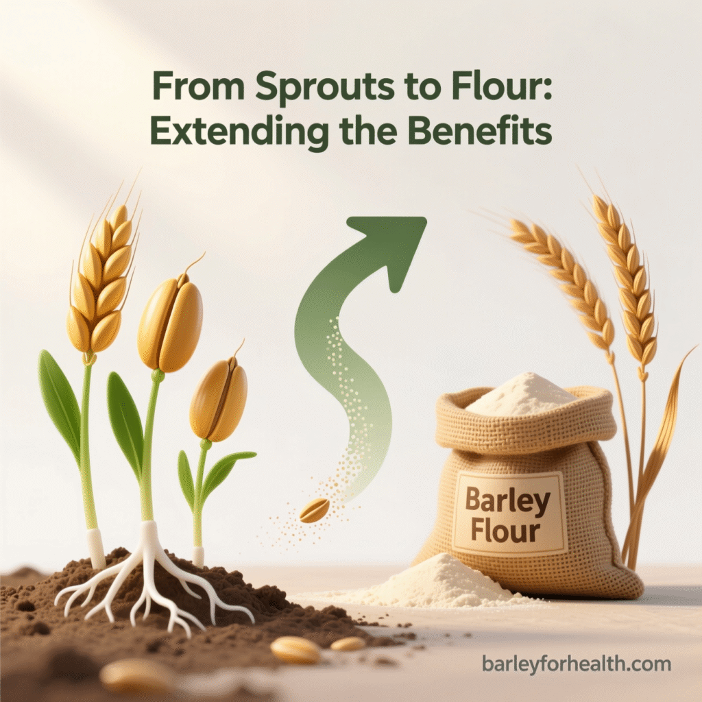 Realistic photo-style illustration showing the transformation of barley from sprouts to flour. On the left, green barley sprouts grow from soil; in the center, a curved arrow symbolizes the process of transformation; on the right, a burlap sack labeled “Barley Flour” sits beside golden barley ears and a pile of fine flour. The composition conveys natural health and nutrition. Branding text “barleyforhealth.com” appears at the bottom.