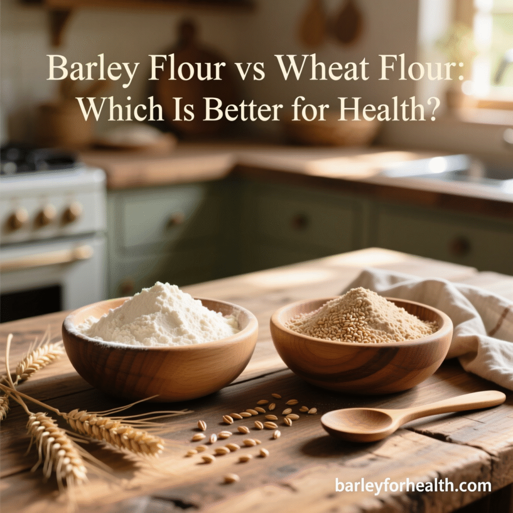 Comparison of barley flour and wheat flour in wooden bowls on a rustic kitchen table, with grains and wheat stalks, warm natural light, labeled barleyforhealth.com.