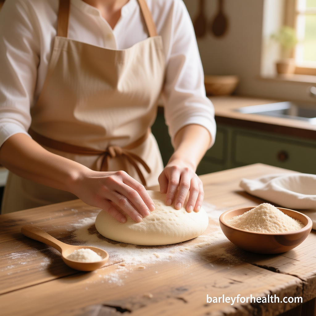 Woman in a linen apron kneading dough made with creamy barley flour in a rustic kitchen, warm natural light, wholesome atmosphere, barleyforhealth.com branding.