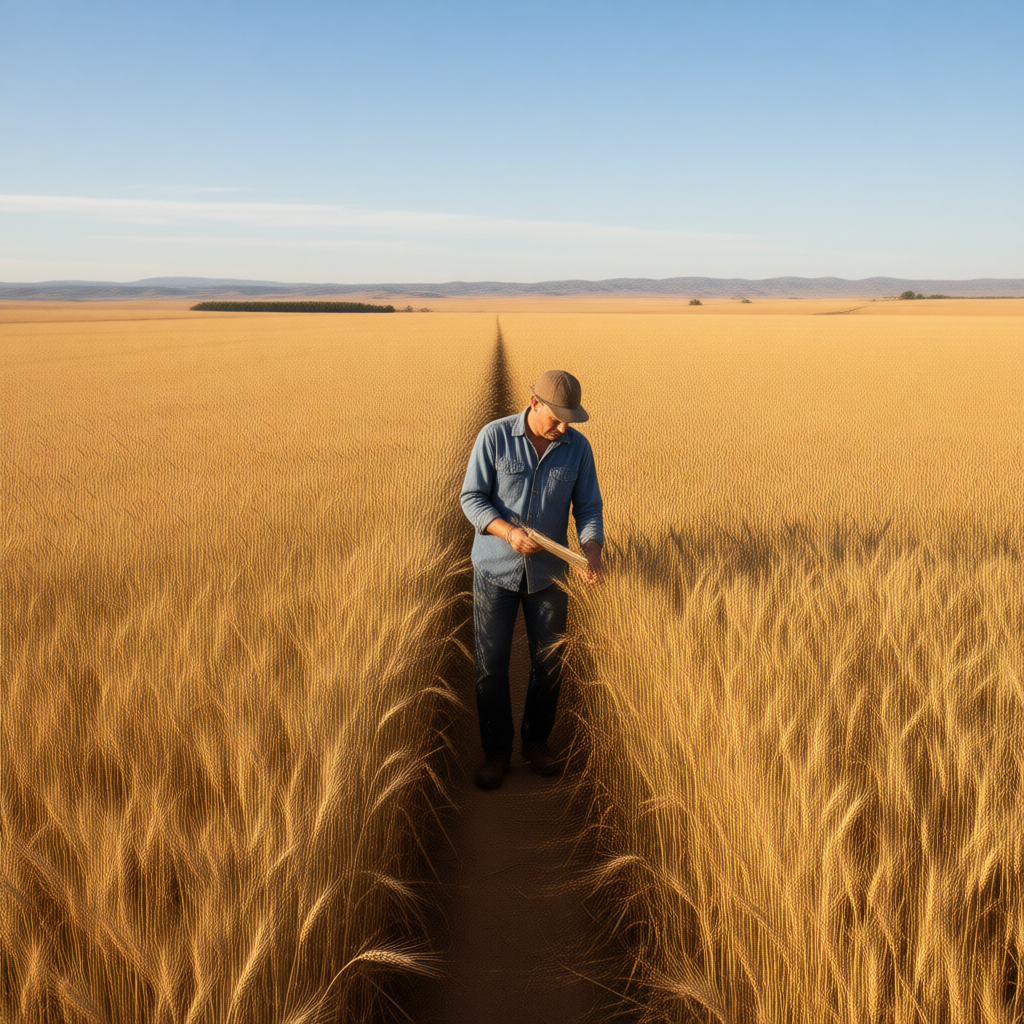 Farmer inspecting a golden barley field in a dry landscape, illustrating sustainable agriculture and the resilience of barley crops under climate challenges