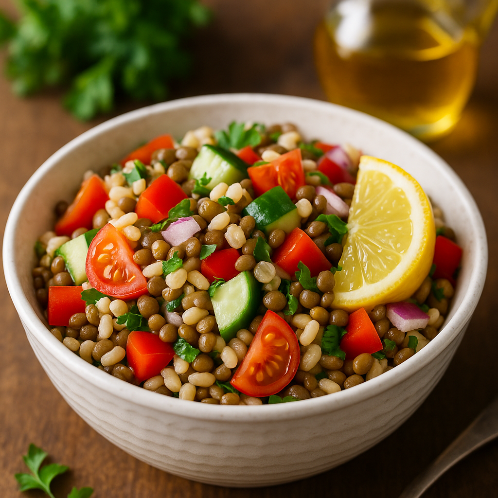 Bowl of barley and lentil salad with colorful vegetables, lemon slice, and olive oil on a wooden background, bright Mediterranean style. Healthy presentation emphasizing low glycemic foods to lose weight, natural lighting, shallow depth of field, clean nutrition magazine aesthetic, subtle branding text ‘barleyforhealth.com’ in the corner.”.