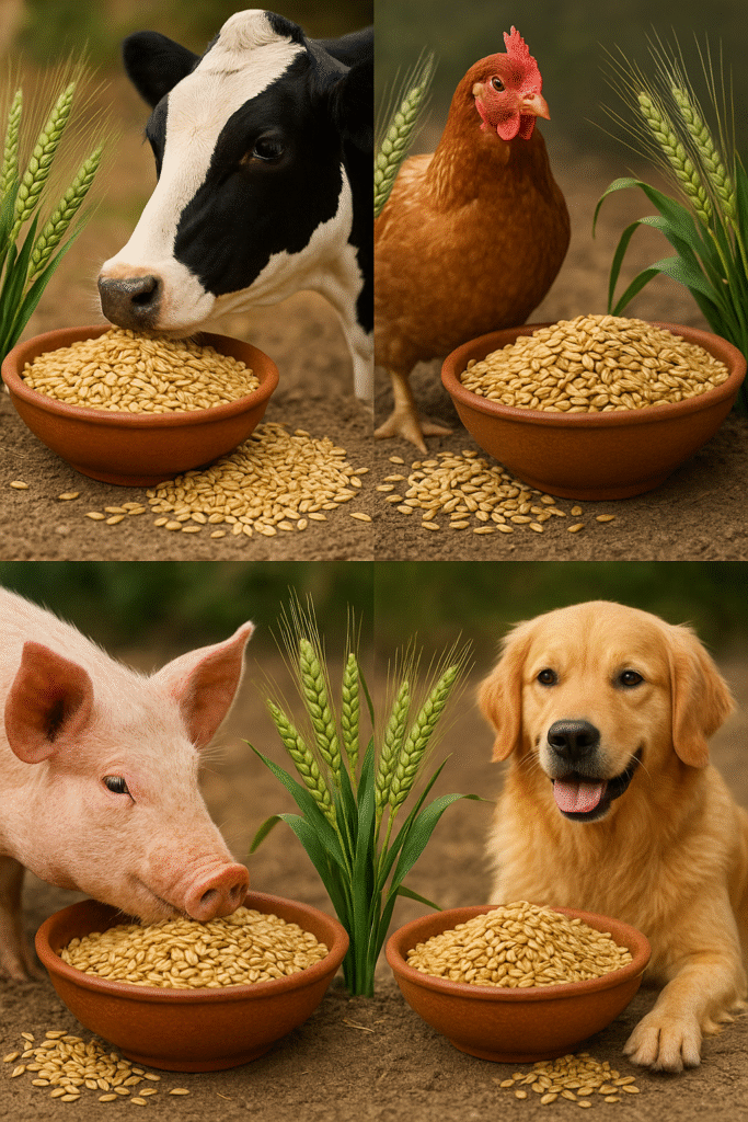 Farm animals, a dog, whole barley grains, and hydroponic barley fodder highlighting the health benefits of barley in animal and pet nutrition.