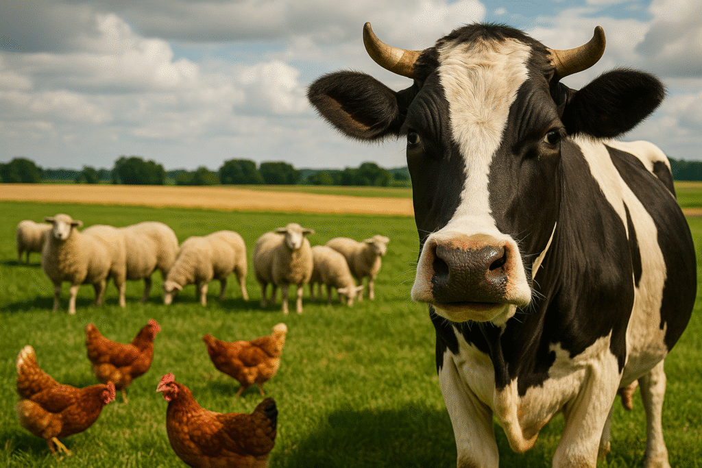 Food animals such as cows, sheep, and backyard chickens grazing on a green pasture, showing mixed livestock and natural feeding environments.