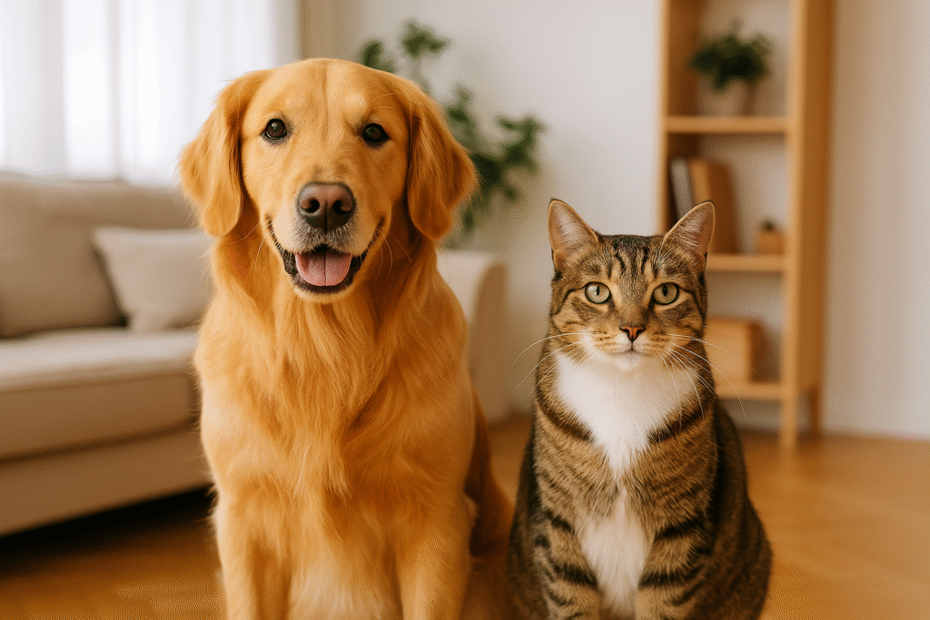 Golden retriever and tabby cat sitting together in a bright living room, representing healthy companion animals and balanced pet nutrition.