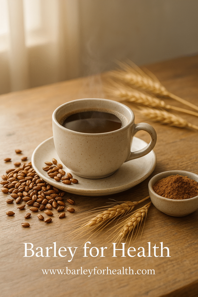 Caffeine free drinks concept with a steaming cup of barley coffee on a wooden table, surrounded by roasted barley grains and golden stalks, symbolizing natural energy, wellness, and sustainable living.