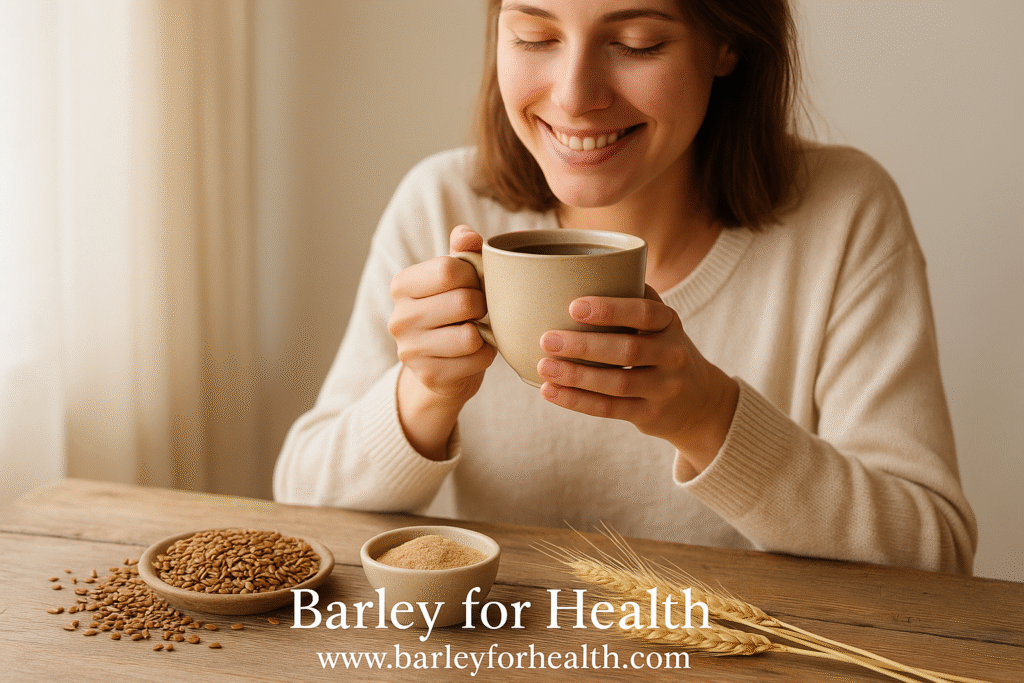A smiling woman enjoying a steaming cup of barley coffee at a sunlit wooden table, surrounded by roasted barley grains and golden stalks, representing happiness, calm energy, and the benefits of caffeine free drinks.
