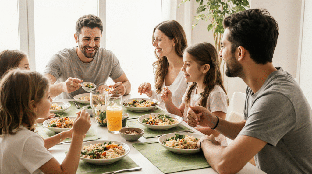 A family enjoying a healthy meal made with whole grains like barley the best cereal for weight loss.