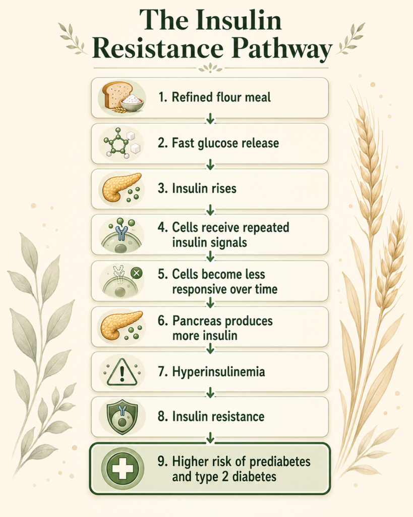 Infographic showing the insulin resistance pathway: a refined flour meal leads to fast glucose release, rising insulin, repeated insulin signals to cells, reduced cell responsiveness, increased insulin production, hyperinsulinemia, insulin resistance, and a higher risk of prediabetes and type 2 diabetes.