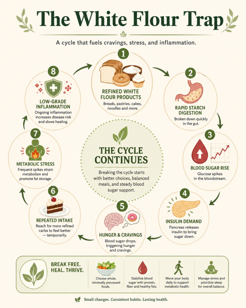 Whole wheat flour infographic explaining the white flour trap, showing how refined flour products may lead to rapid starch digestion, blood sugar rise, insulin demand, hunger, repeated intake, metabolic stress, and low-grade inflammation.