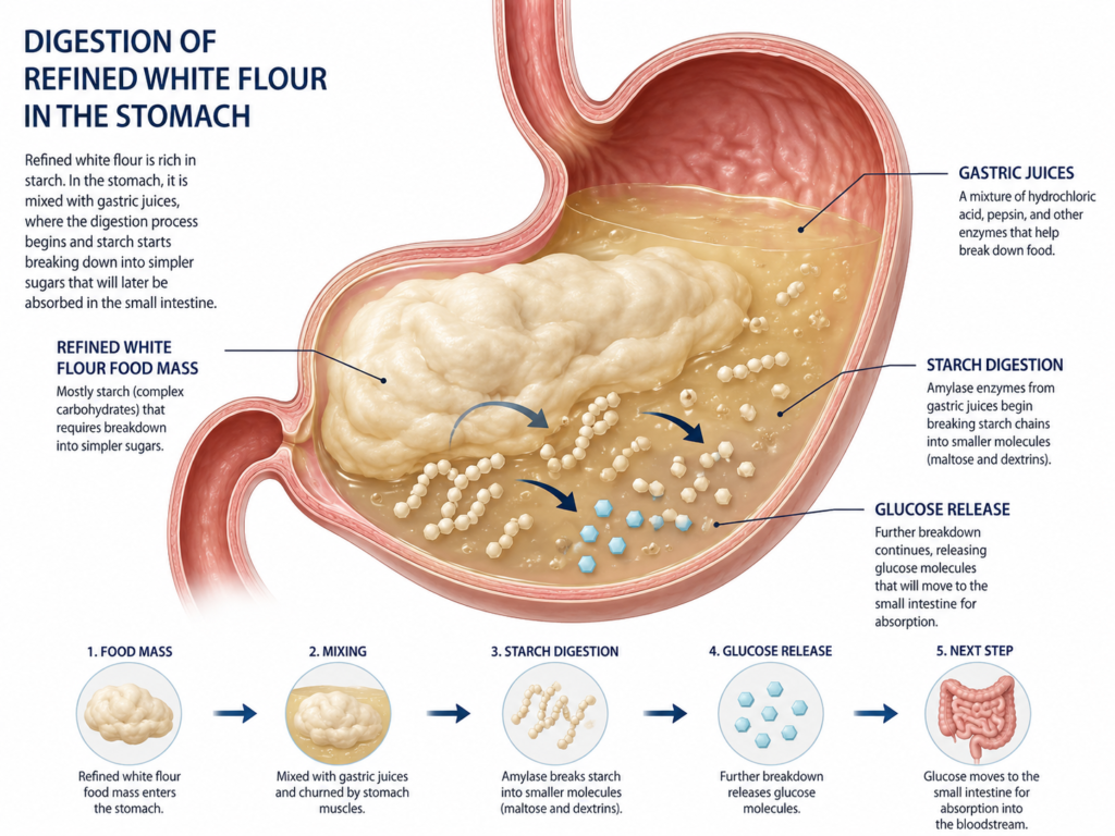 Educational illustration showing how refined white flour is mixed with gastric juices in the stomach and begins breaking down into starch fragments and glucose.