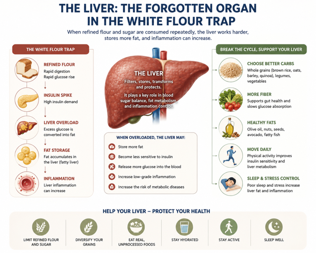 Whole wheat flour infographic explaining the liver’s role in the white flour trap, showing how repeated refined flour intake may increase glucose load, insulin demand, liver fat storage, low-grade inflammation, and metabolic disease risk.