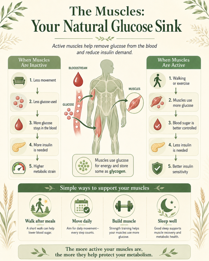 Whole wheat flour infographic showing how active muscles help use blood glucose after meals, reduce insulin demand, improve insulin sensitivity, and protect metabolic health compared with a sedentary lifestyle and repeated refined flour intake.