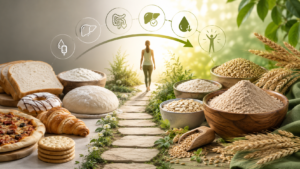 Whole wheat flour image showing the transition from refined white flour products to whole grains, barley flour, oats, and a healthier lifestyle for better digestion, blood sugar balance, and metabolic health.